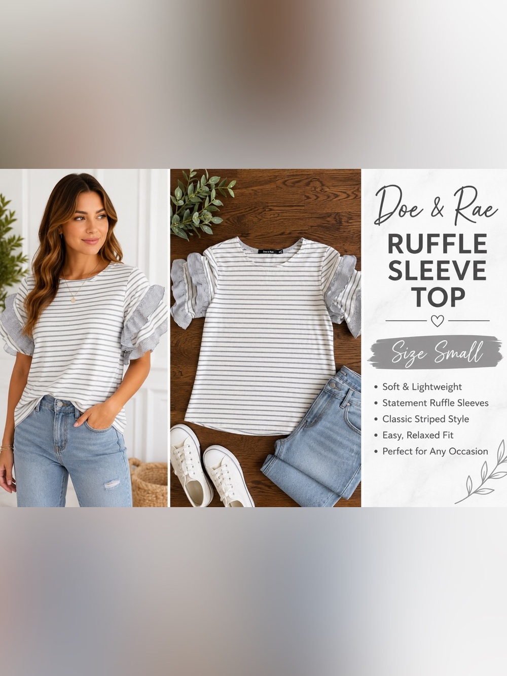 Doe & Rae Gray & White Striped Ruffle Sleeve Top Size Small